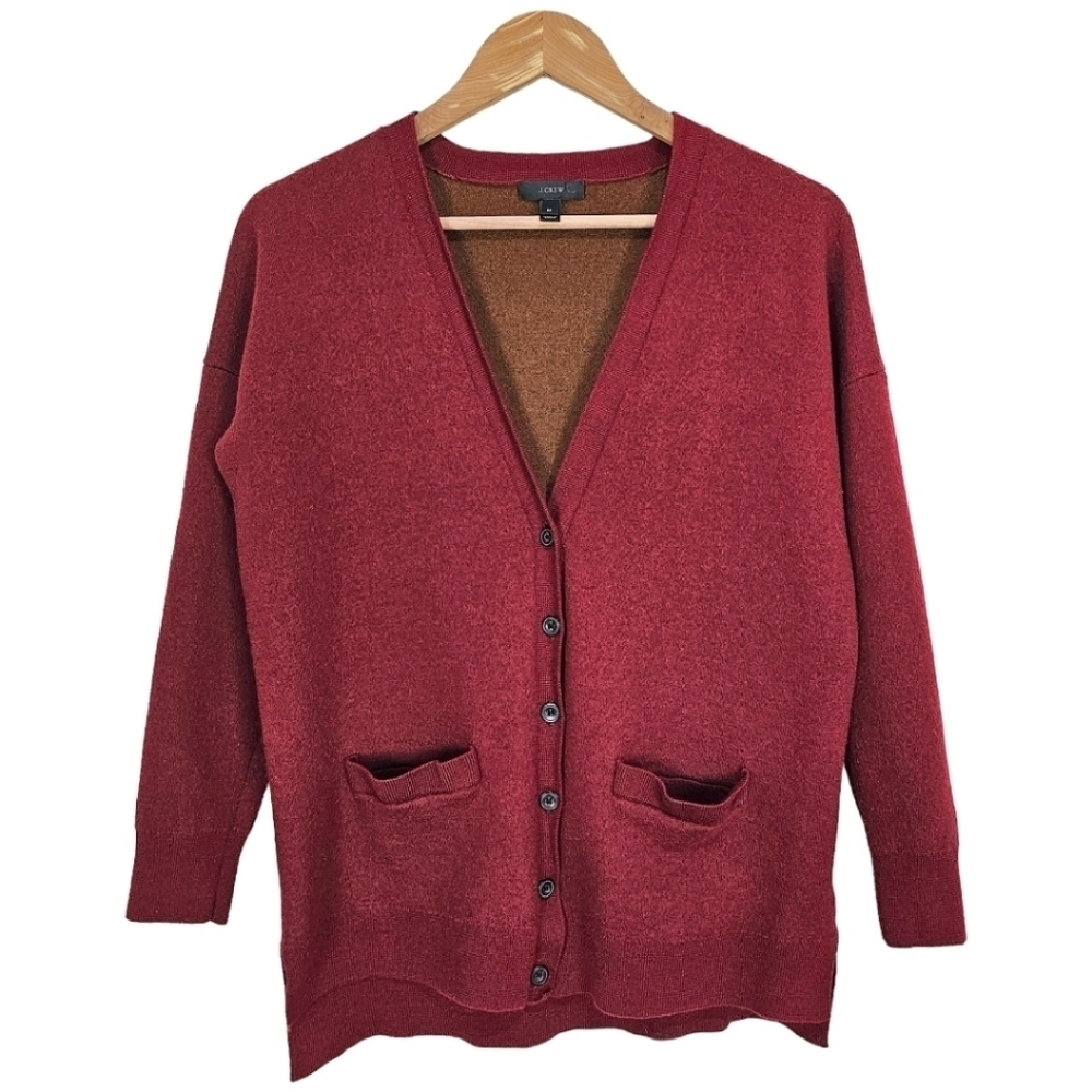 J. Crew Burgundy Merino Wool V-Neck 6  Button Sweater Cardigan Academia Medium